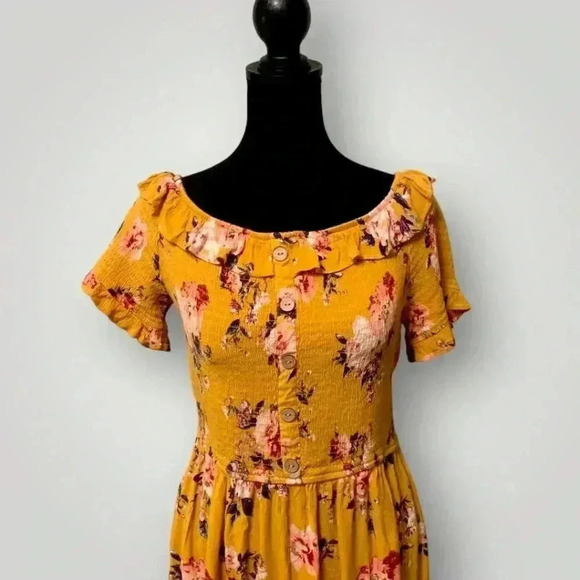 Xhilaration Yellow Floral Print Ruffled Smocked Bodice Off-Shoulder Mini Dress - Picture 4 of 14